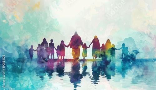 A group of diverse people holding hands with Jesus Christ. Digital watercolor painting artwork, illustration.