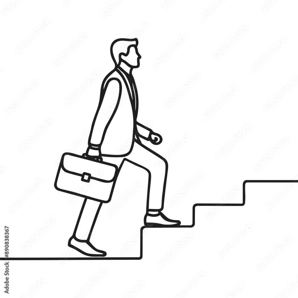 Continuous one line drawing. Reach the target. Businessman climbing stairs to the target. Concept business Continuous one line drawing. Reach the target. Businessman climbing stairs to the target. Concept business