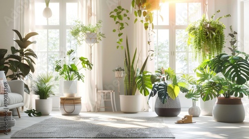 An inviting space boasts lots of green plants and sunlight streaming through windows, creating a lively, refreshing ambiance.