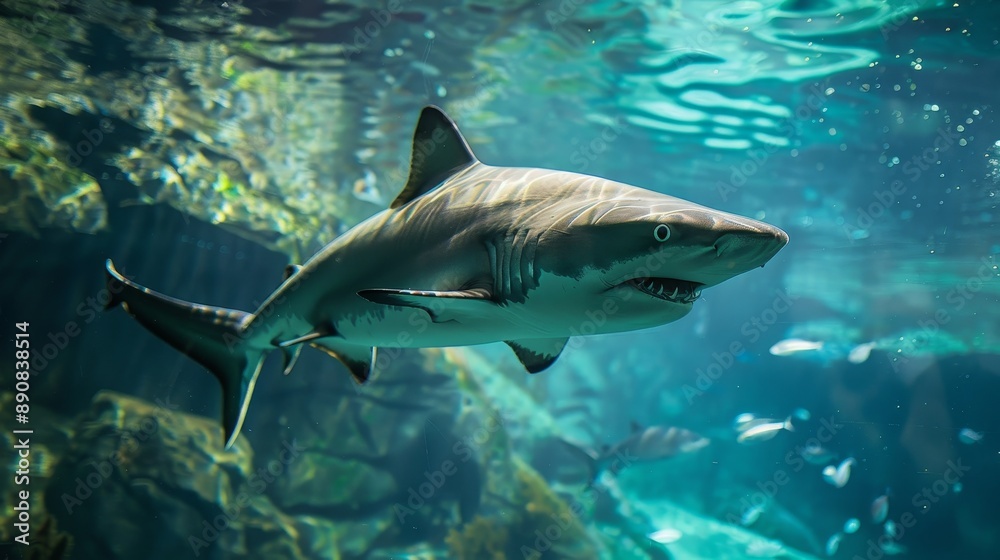 Naklejka premium Wide view of a shark swimming in the ocean.