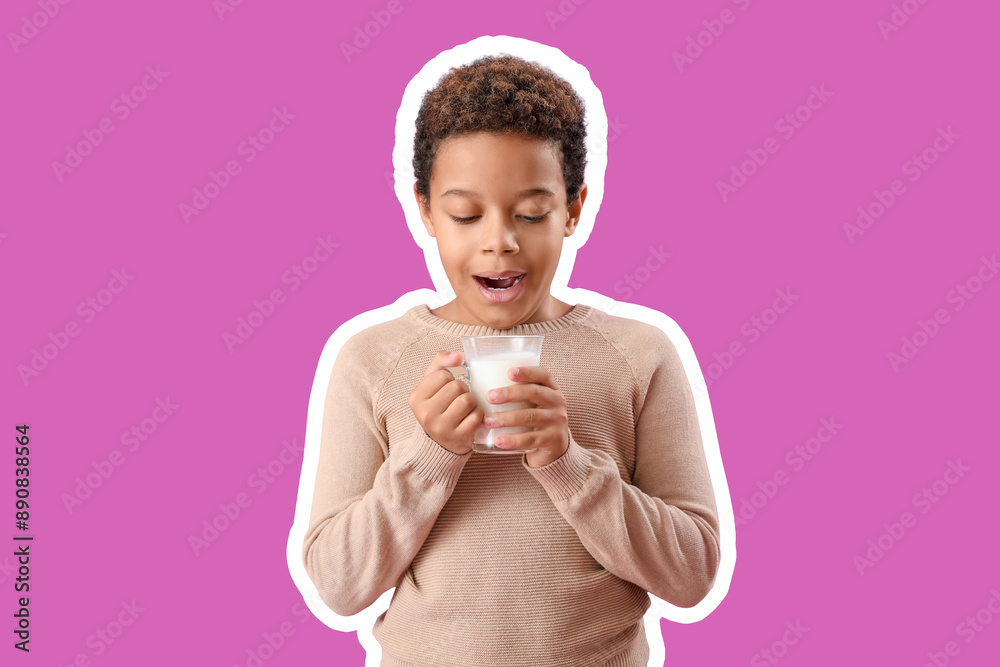 Shocked African-American boy with glass cup of milk on purple background Shocked African-American boy with glass cup of milk on purple background
