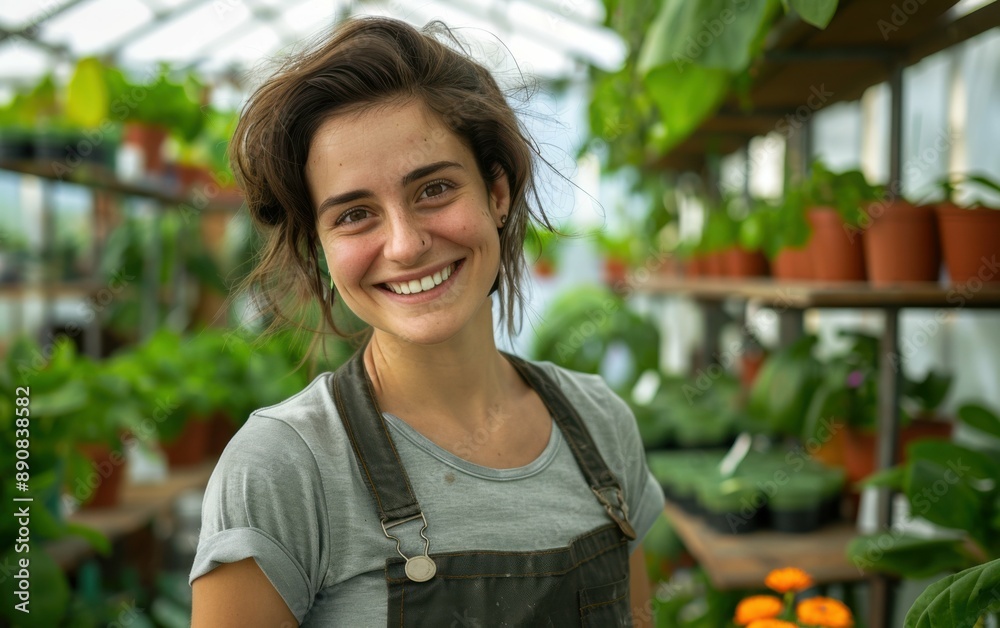 A young woman wearing a grey t-shirt and green overalls smiles brightly while standing in a greenhouse full of lush plants