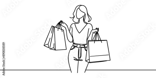 Continuous one line drawing of a woman holding paper bags after shopping