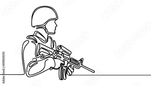 Single continuous line drawing of young male soldier.