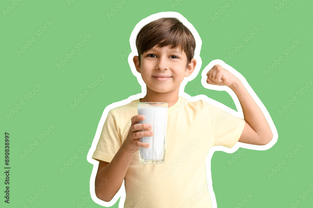 Little boy with glass of milk on green background Little boy with glass of milk on green background