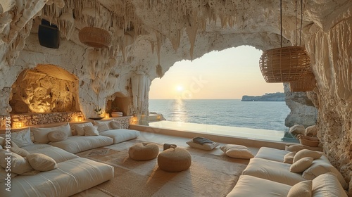 Ocean view from a cozy cave terrace at sunset, offering plush seating and earth-toned decorative elements. photo