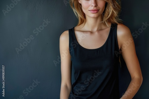 Tank T-Shirt. Beautiful Woman in Black Sleeveless Shirt on Neutral Background