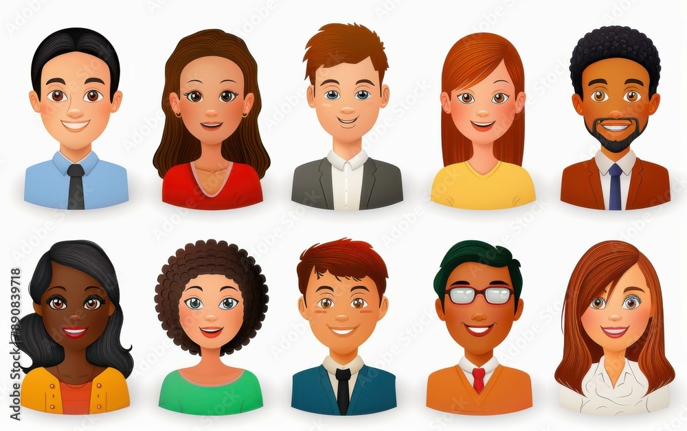 Ten cartoon people with various skin tones, hair styles, and clothing smiling and looking directly at the viewer Ten cartoon people with various skin tones, hair styles, and clothing smiling and looking directly at the viewer