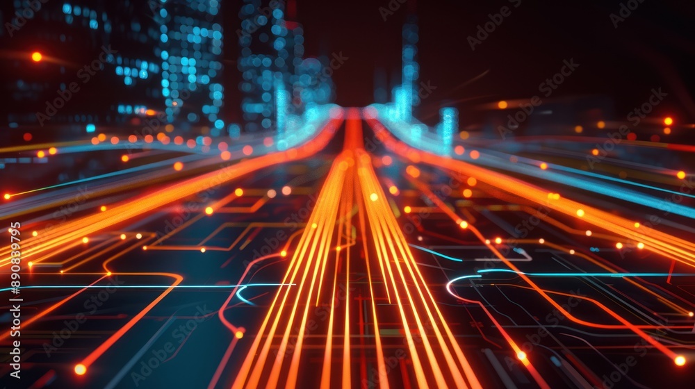 Digital Cityscape with glowing neon lines Digital Cityscape with glowing neon lines