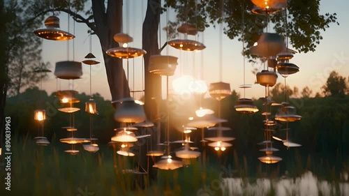 A series of suspended mobiles featuring solar panels gently spinning in the breeze and casting a warm glow. photo