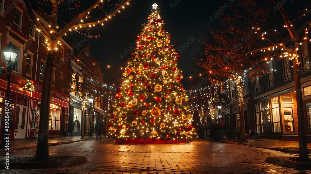 A large decorated Christmas tree in the center of town A large decorated Christmas tree in the center of town