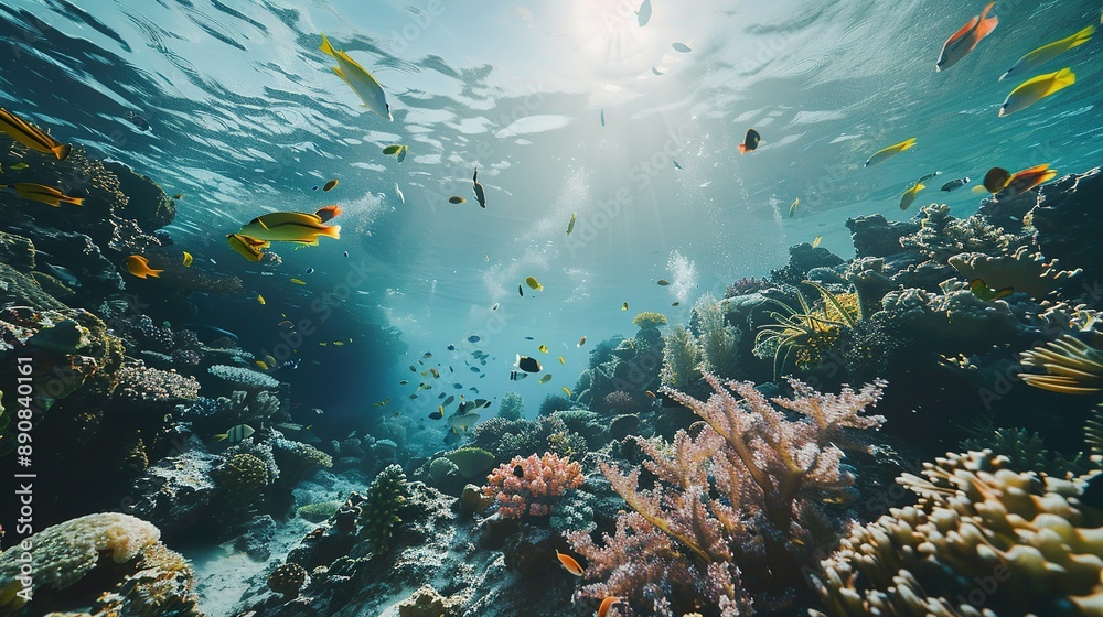 Fototapeta premium Underwater View of Colorful Fish Swimming Near Vibrant Coral Reef