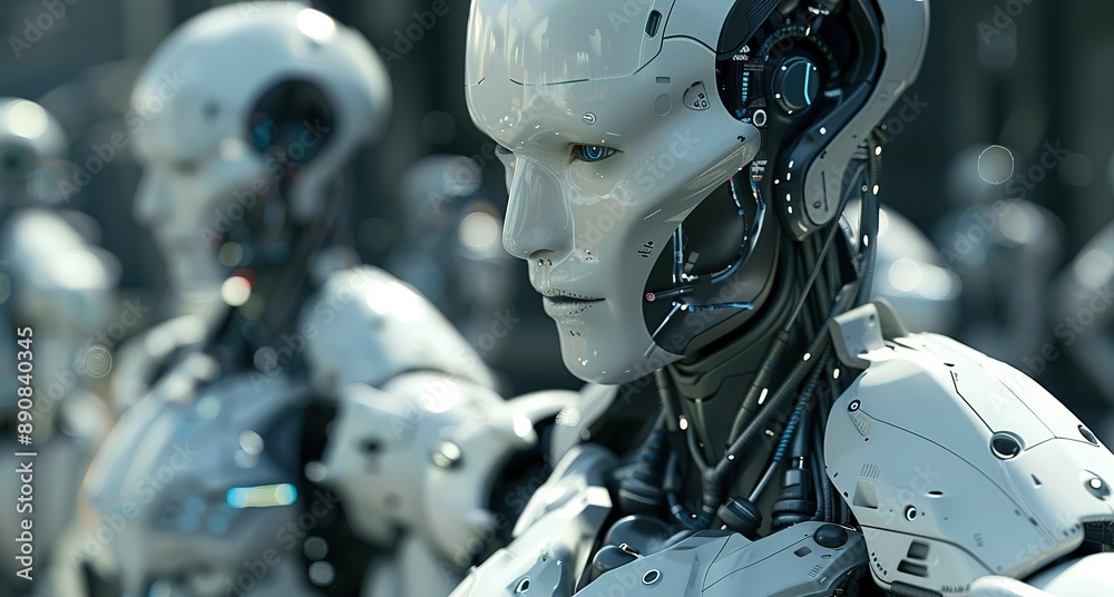 White Humanoid Robot Looking Forward in a Group of Robots White Humanoid Robot Looking Forward in a Group of Robots