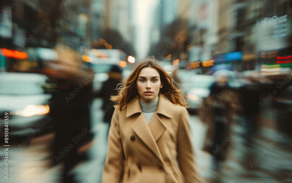 Fototapeta premium A stylish woman in a beige coat walks through a busy city street, the background blurred with movement