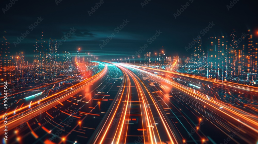 Fototapeta premium Futuristic Cityscape: A Digital Highway Illuminated by Speed and Technology