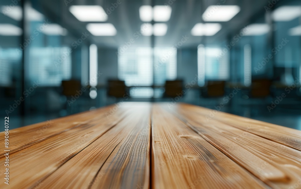A close-up of a wooden table in a modern office setting. The background of the office is blurred, but the table is in focus, highlighting its natural wood grain A close-up of a wooden table in a modern office setting. The background of the office is blurred, but the table is in focus, highlighting its natural wood grain