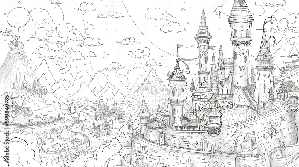 Obraz premium Detailed Pencil Sketch of a Fantasy City With a Volcano in the Distance