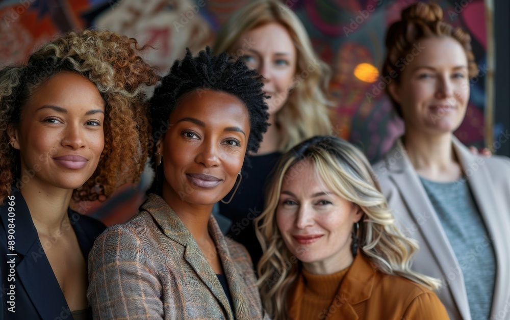 Fototapeta premium Four women stand together, smiling, for a Women's Equality Day photoshoot