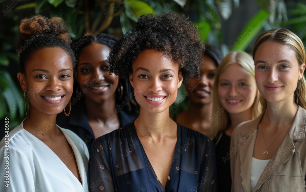 A group of women of various ethnicities pose for a photo shoot, all smiling and looking at the camera A group of women of various ethnicities pose for a photo shoot, all smiling and looking at the camera