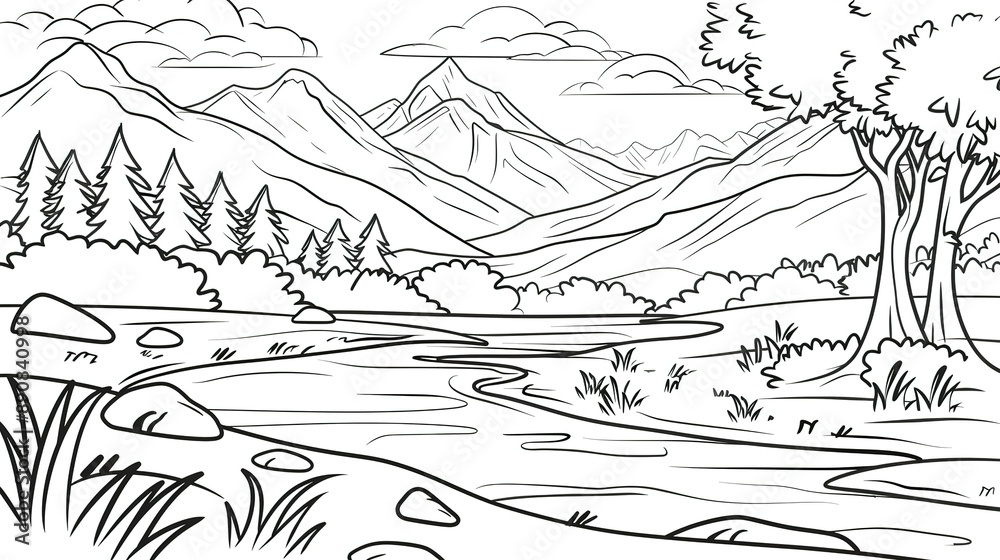 Fototapeta premium Black And White Mountain River Landscape Drawing
