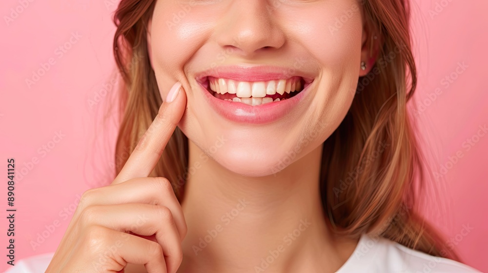 smiling young woman pointing to corner of her mouth, copy space. Dental care. Dentistry concept. smiling young woman pointing to corner of her mouth, copy space. Dental care. Dentistry concept.