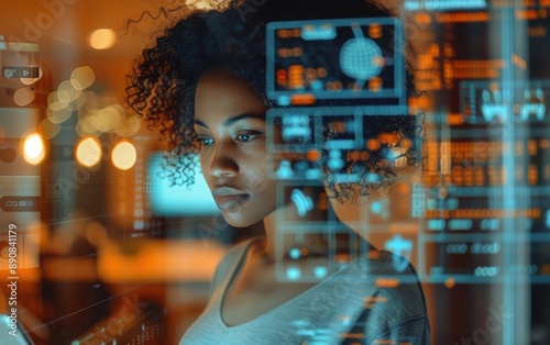 A young woman with curly hair sits in an office, focused on an interactive display of AI technology