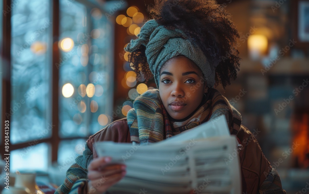 Obraz premium A young African American woman sits in a cozy cafe setting, dressed in warm clothing, intently reviewing her budget