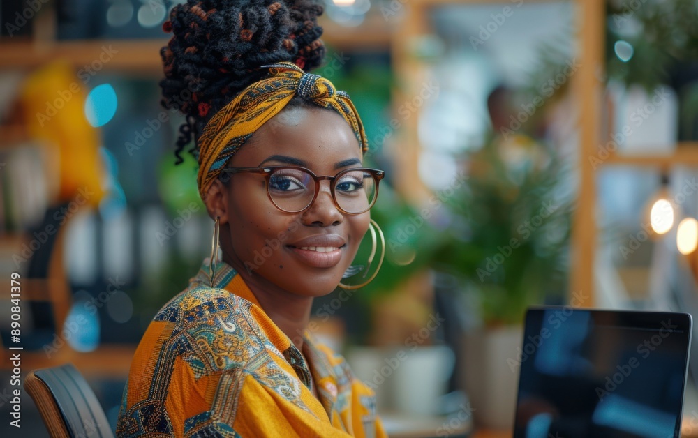 A young African American woman with a yellow headband and glasses sits at a computer desk in a modern office space A young African American woman with a yellow headband and glasses sits at a computer desk in a modern office space