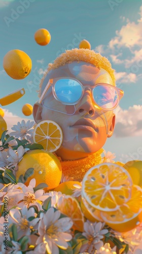 A creative composition showing a person adorned with citrus elements and oranges, set against a whimsical sky background.