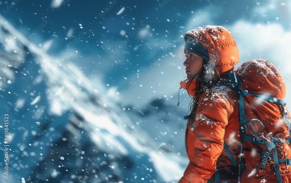 A young Asian woman in an orange jacket and backpack climbs Mount Everest during a snowstorm A young Asian woman in an orange jacket and backpack climbs Mount Everest during a snowstorm
