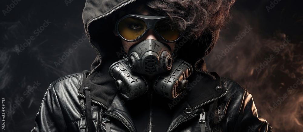 Fashion cyberpunk girl in leather hoodie jacket wears gas mask Fashion cyberpunk girl in leather hoodie jacket wears gas mask