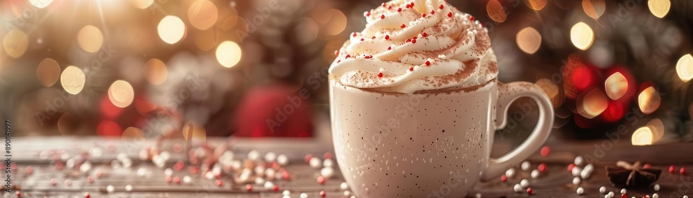 A cup of hot chocolate with whipped cream, a festive treat for the holidays. A cup of hot chocolate with whipped cream, a festive treat for the holidays.
