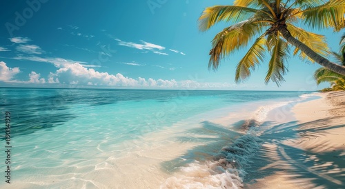 A stunning tropical beach scene with clear turquoise waters and palm trees swaying under a bright blue sky.