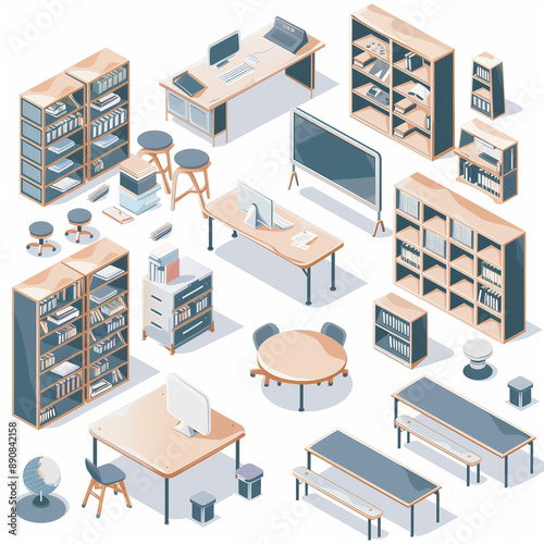 axonometric view of school furniture in linear black nd white style, no shadows, scandinavian style, against a white background.teachers desk with computer and books, desks, chairs.  photo