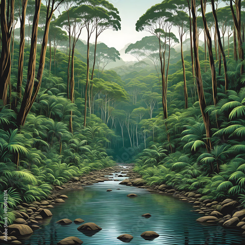 Illustration of the Queensland rainforest, inspired by bushwalks at Wooroonooran National Park