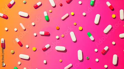 Overmedication. Addiction and Dependency. Scattered Pills and Medications - Health, Treatment, and Pharmaceutical Theme. Medical Treatment. Healthcare. Pink background. photo