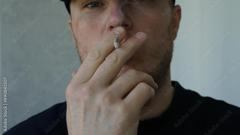A young man smokes a cigarette. Inhaling tobacco smoke. Smoking tobacco in a smoking room. A young man smokes a cigarette. Inhaling tobacco smoke. Smoking tobacco in a smoking room.