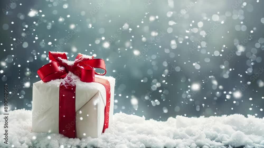 A beautifully wrapped gift with a red ribbon sits in the snow as snowflakes gently fall around it A beautifully wrapped gift with a red ribbon sits in the snow as snowflakes gently fall around it