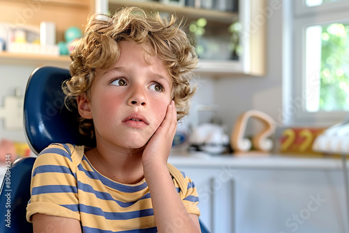 A blond boy is sitting in a dental chair, suffering from a toothache with his hand on his cheek.