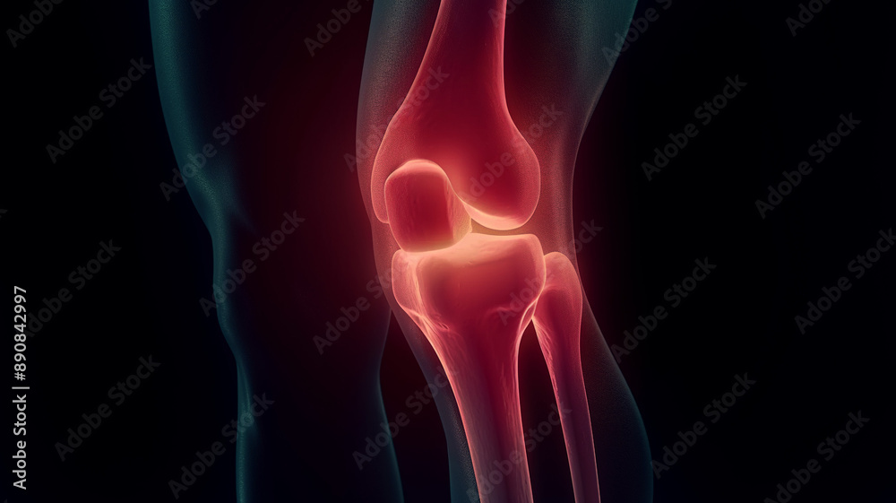 Digital rendering of a knee joint with inflammation. Digital rendering of a knee joint with inflammation.