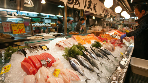 氷の上に並ぶ日本の魚市場の新鮮な魚介類 photo