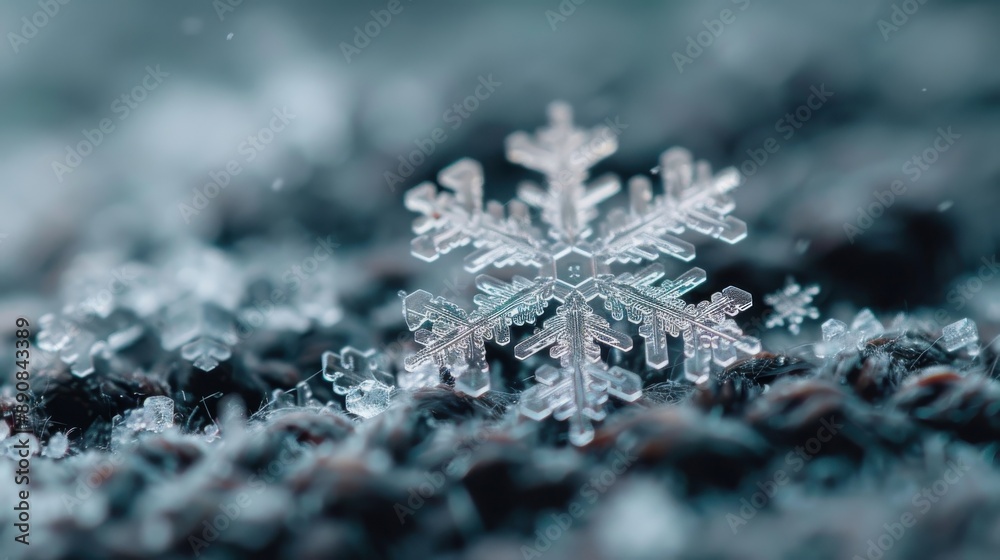 A highly detailed macro photograph capturing the complex structure of a snowflake resting on a textured surface, representing the beauty and uniqueness of nature’s patterns. A highly detailed macro photograph capturing the complex structure of a snowflake resting on a textured surface, representing the beauty and uniqueness of nature’s patterns.