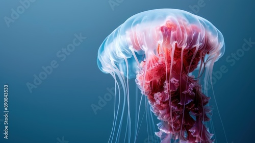 A stunning jellyfish with translucent tentacles and a vibrant red body gracefully moves through the blue waters, capturing the beauty of marine life. photo