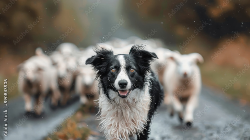 An Australian shepherd dog joyfully leading a flock of sheep in a scenic countryside, highlighting the bond between dogs and their herding instincts on a misty day. An Australian shepherd dog joyfully leading a flock of sheep in a scenic countryside, highlighting the bond between dogs and their herding instincts on a misty day.