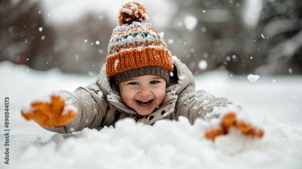 A delighted child with a knitted hat and warm jacket plays in the snow, embodying the joy and excitement of winter, surrounded by a snowy landscape and winter fun.