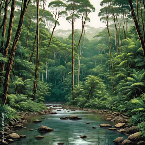 Illustration of the Queensland rainforest, inspired by bushwalks at Wooroonooran National Park