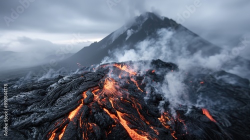 A captivating view of an erupting volcano, with rivers of glowing lava flowing down its sides and thick plumes of smoke rising into the overcast sky, emphasizing natural power.