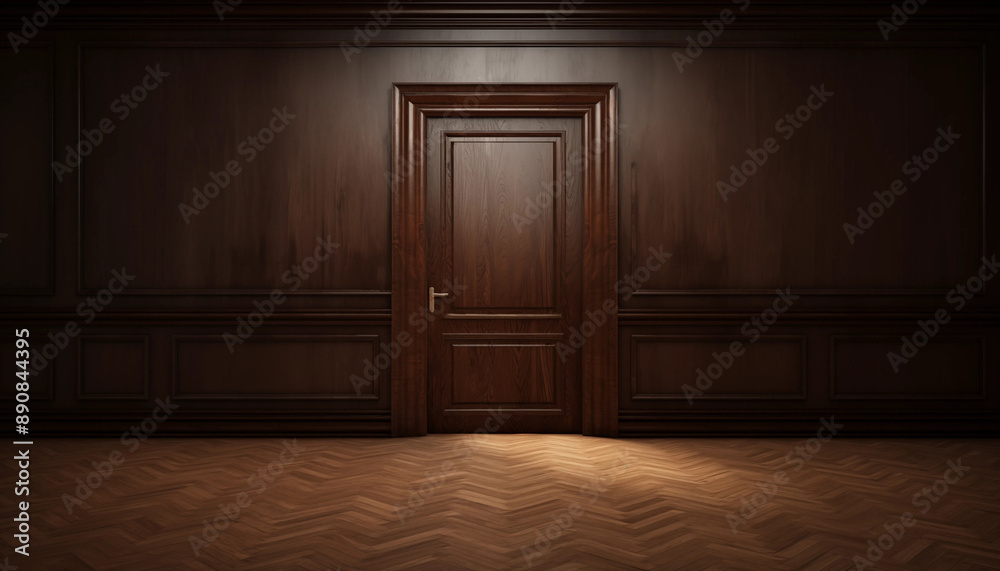 Elegant wooden door in a luxurious dark wooden panel room with herringbone floor, perfect for interior design concepts. Elegant wooden door in a luxurious dark wooden panel room with herringbone floor, perfect for interior design concepts.