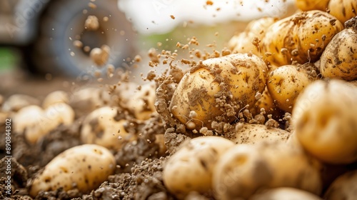 A dynamic scene of freshly dug potatoes heaped up in rich, brown soil, with dirt particles flying, capturing the essence of harvest time and hard work. photo