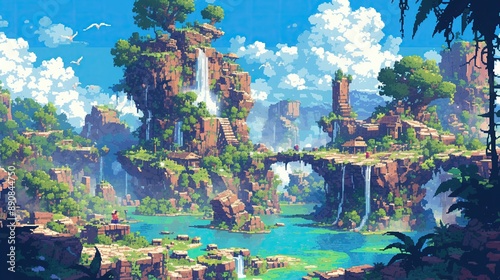 A vibrant pixel art landscape depicting a lush jungle, reminiscent of classic platformers, with hidden temples and waterfalls , super detailed